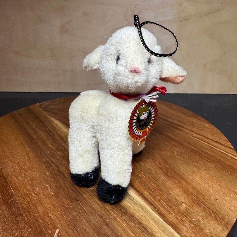 Vintage Plush Lamb Ornament Cream Sheep with Red Ribbon and Black Hooves 5 inch